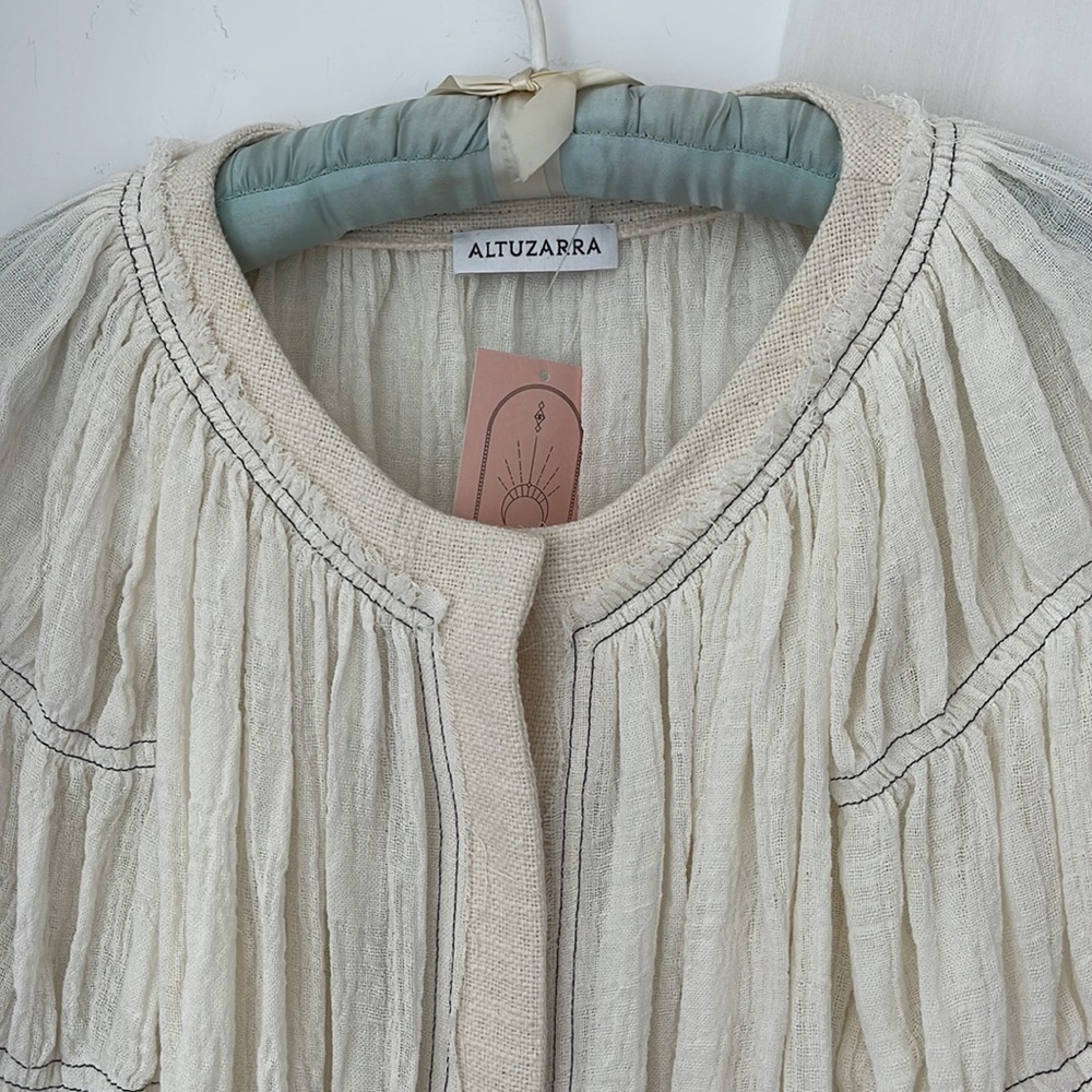 Altuzarra Bone Linen distressed billowy sleeve button up jacket blouse - Picture 6 of 12